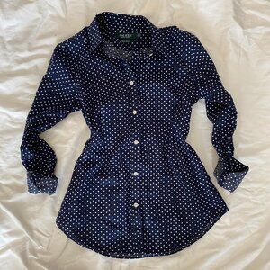 NWOT Ralph Lauren Polka Dot blouse Women's xs Button Down"no Iron"classic Polo
